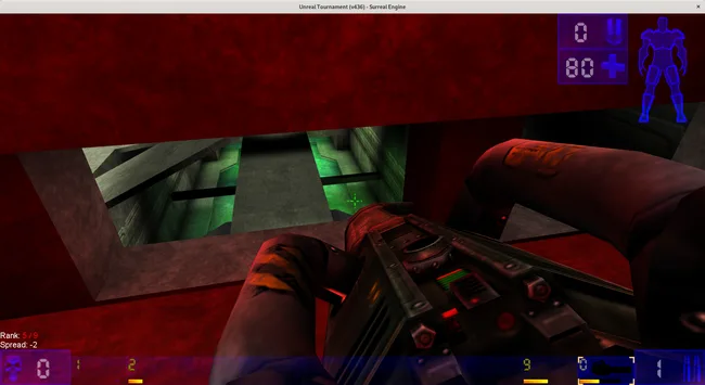 Screenshot of UT99's dm-deck16 in SurrealEngine, showing player holding the Redeemer