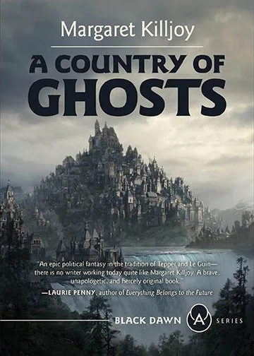 Book Cover of "A Country of Ghosts" showing large victorian-era city built at the top of a waterfall.